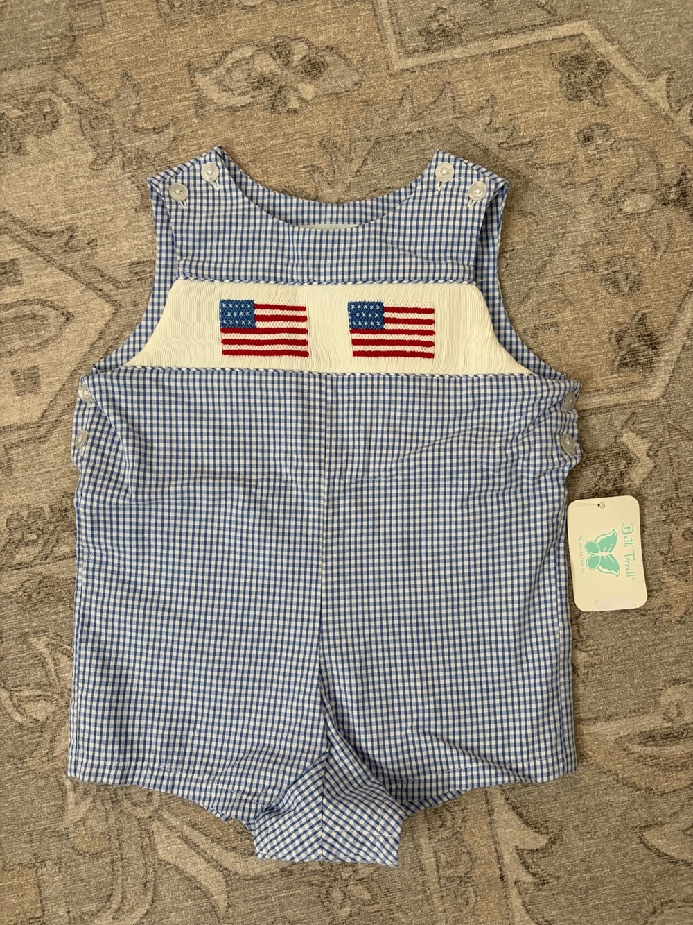 Blue Gingham Patriotic American Flag Smocked Romper by Betti Terrell by Johnston